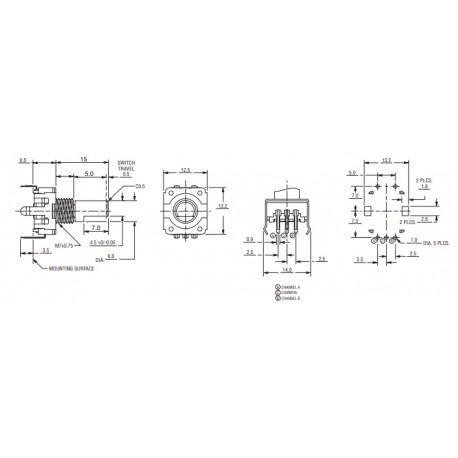 Dimensions de l'encodeur incrémental rotatif avec fonction poussoir PEC11-4215F-S24