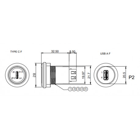 Dimensions de l'adaptateur pour châssis USB C vers USB A femelle