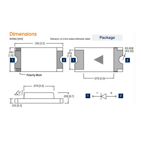 Dimensions Led CMS jaune vert boitier 3216