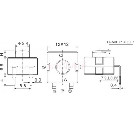 Dimensions du bouton-poussoir On-Off 12 x 12 mm