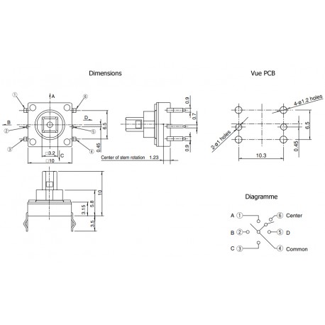 Dimensions du switch de navigation 5 voies