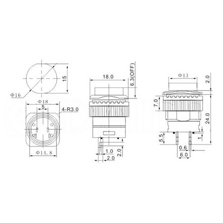 Dimensions bouton-poussoir lumineux On-Off 16 mm