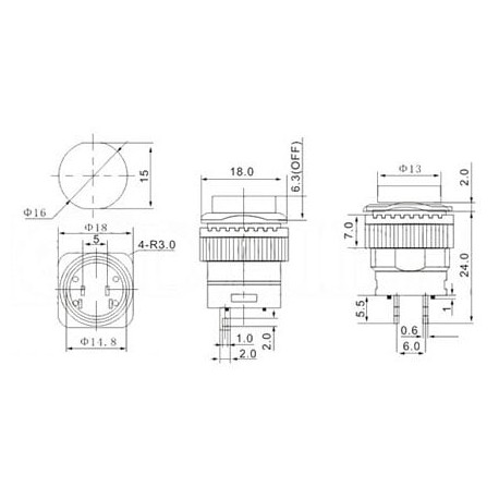 Dimensions du bouton-poussoir lumineux OFF - (ON) blanc