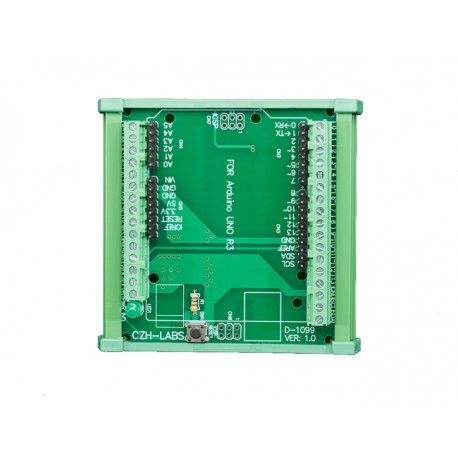 Vu de dessus du module borniers à vis sur rail DIN pour Arduino Uno