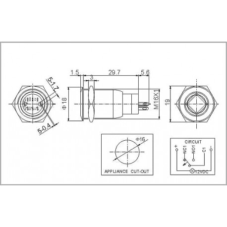 Dimensions du bouton-poussoir anti-vandal anneau bleu