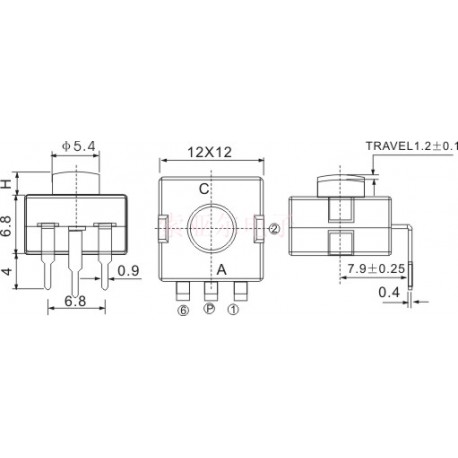 Dimensions bouton-poussoir On-Off-ON-Off 12 x 12 mm