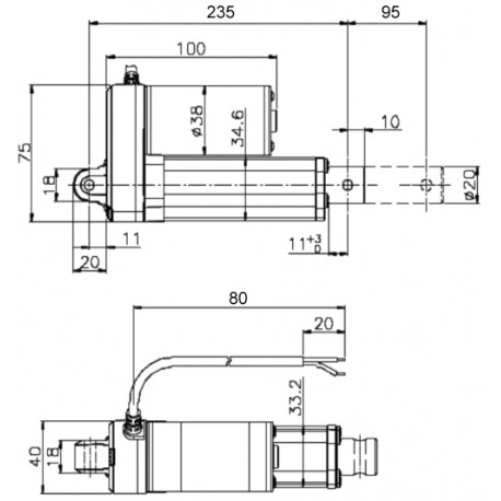 Dimensions de l'actionneur linéaire ACRZilla CE12VSP