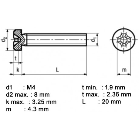 Dimensions vis à tête cylindrique bombée M4 x 20 mm