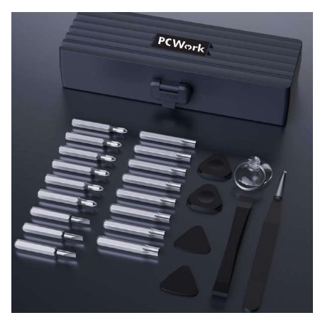 Détail des 25 accessoires livrés dans le coffret de tournevis de précision PCW08H