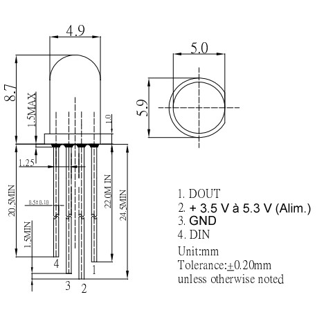 Brochage Led RVB boitier diffusant 5 mm avec contrôleur compatible WS2812B