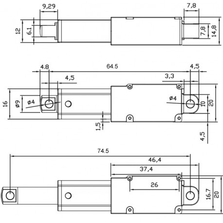 Dimensions mini actionneur linéaire ACRZilla CE12-15-10-64