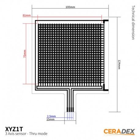 Dimensions du capteur 3 axes ( force et position ) CERADEX XYZ1T
