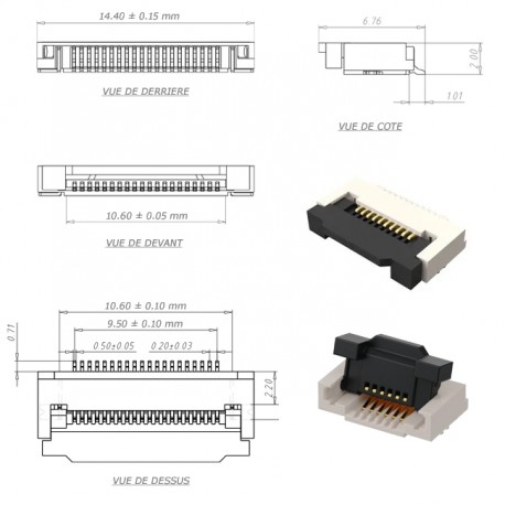 Dimensions du Connecteur FCC / FPC 20 contacts pas 0,5 mm