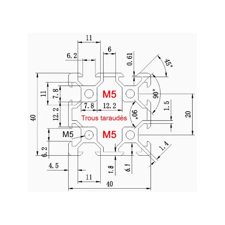 Dimensions Profilé aluminium 40 mm ACRZilla série 40x40