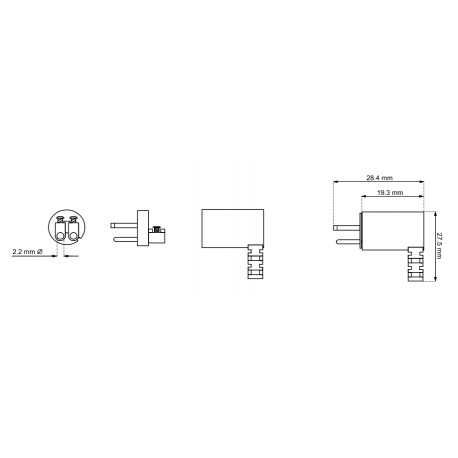 Dimensions Fiche DIN 2 broches mâle coudée à visser