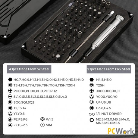 Détail des 66 embouts contenus dans le jeu de tournevis de précision PCW08J