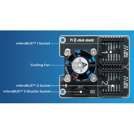 Détail de la face avant du module Pi 5 Click Shield pour Raspberry Pi 5 MIKROE-6423