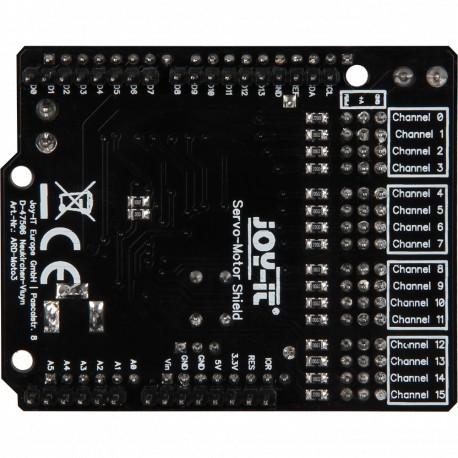 Vue de la face arrière du shield commande 16 servomoteurs Motorino