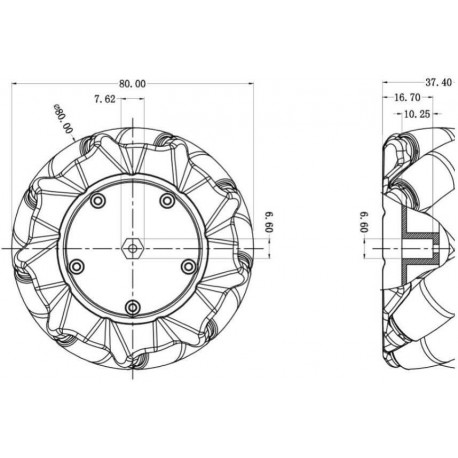 Dimensions des roues omnidirectionnelles 80 mm FIT0654-1