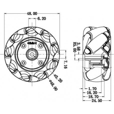 Dimensions des roues omnidirectionnelles 48 mm