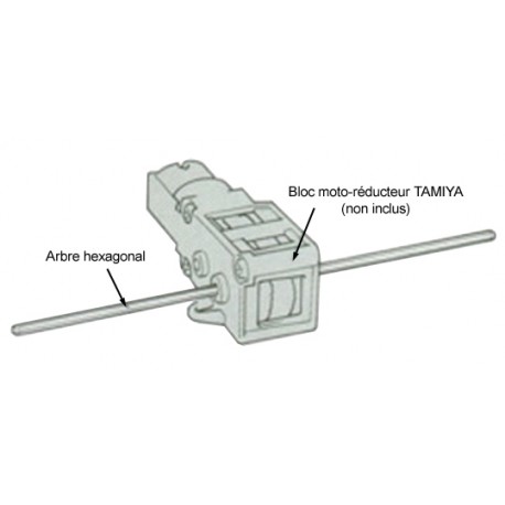 Exemple de montage sur un bloc moteur TAMIYA avec le jeu d'arbres 3 mm 70105