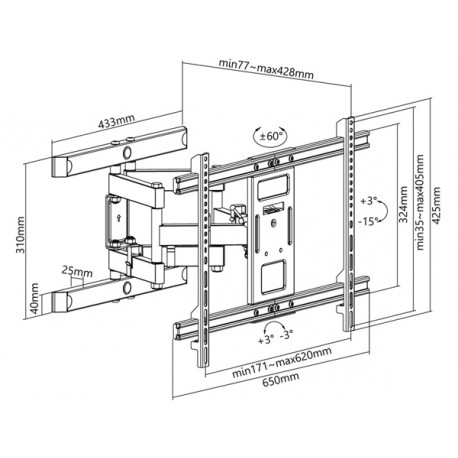 Dimensions du support mural orientable pour TV (37"-70")
