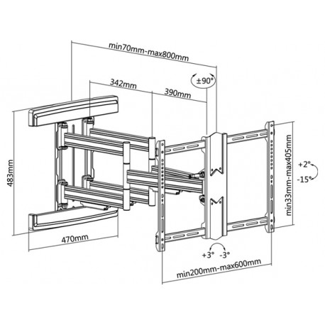 Dimensions du support mural orientable à longue course de débattement pour TV (37"-70")