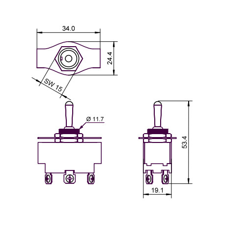 Dimensions de l'nterrupteur à levier de puissance 2xON-ON