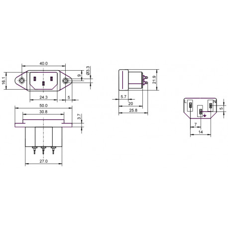 Dimensions embase IEC mâle pour châssis
