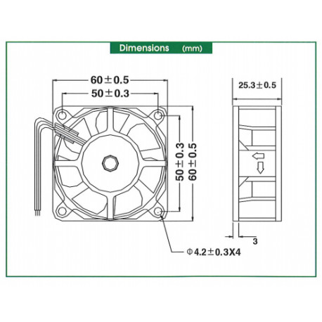 Dimensions Ventilateur BI-SONIC 60x60x25mm (24 VCC) SP602524H-3