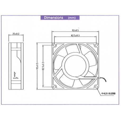 Dimensions Ventilateur 230V Bi-Sonic 92x92x25mm 9P-230HS