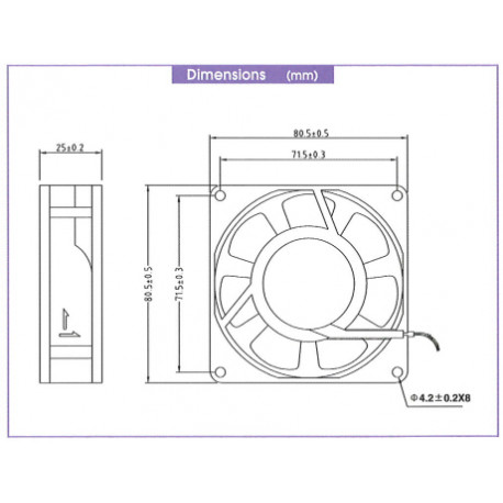 Dimensions Ventilateur 230V Bi-Sonic 80x80x25mm 8P-230L