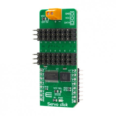 Vue de côté du module de pilotage de servomoteurs Servo Click MIKROE-3133