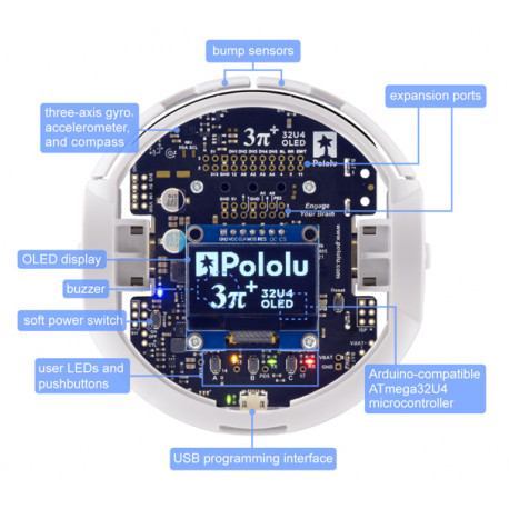 Détails du dessus du robot 3pi+ 32U4 OLED Pololu 4978