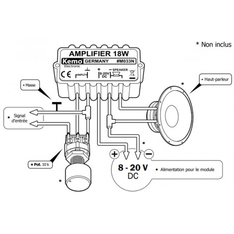 Schéma de branchement du module amplificateur audio 18W universel Kemo M033N