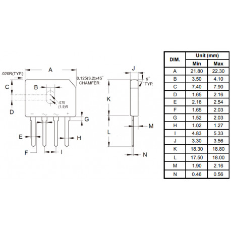 Dimensions du pont de diodes GBU1006 (10A - 800V)