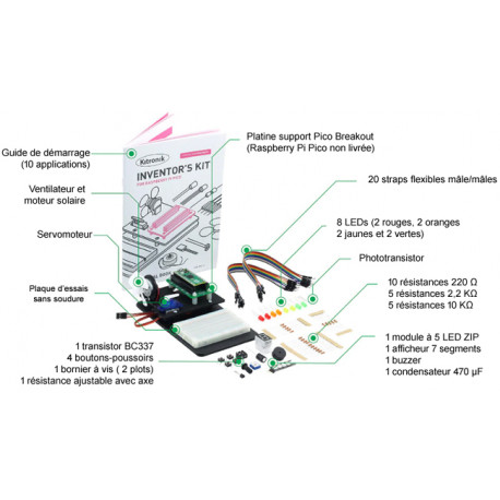 Détail du contenu du kit inventor’s kit Kitronik 5342 pour Pi Pico