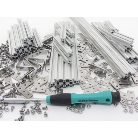 Vue du contenu du starter kit MakerBeam Premium - Deluxe Aluminium