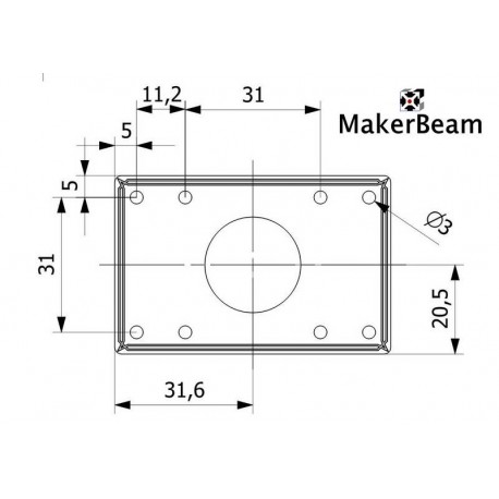 Dimensions du support MakerBeam pour moteur pas-à-pas NEMA17
