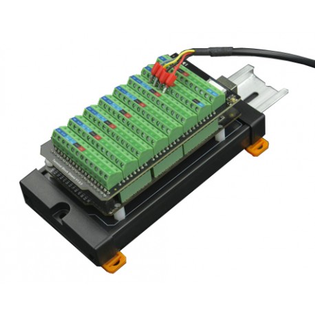 Exemple d'utilisation de la carte Shield borniers à vis DFR0921 avec un Arduino Mega et un support Rail DIN
