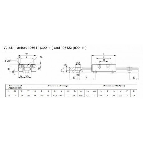 Dimensions du rail de guidage linéaire 60 cm avec charriot