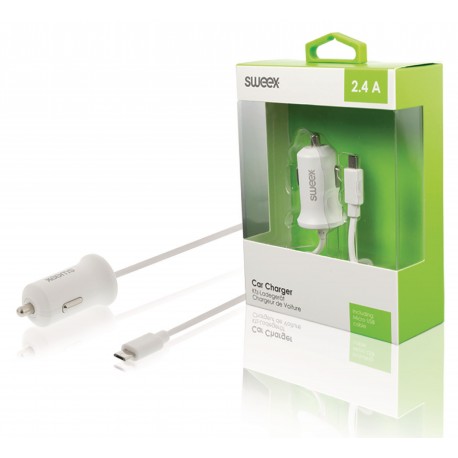 Chargeur de voiture 2.4 A Micro USB Blanc  - 1