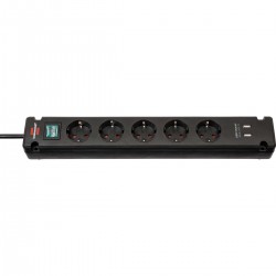 Bremounta Prise d'extension 5 voies 2x USB Noir 3,00 m H05VV-F 3G1.5  - 1