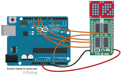 Schéma de câblage entre l'arduino et le Module matrice leds 7x10 R click MIKROE-1993