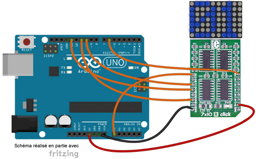 Schéma de câblage entre l'arduino et le Module 7x10 B click MIKROE-2789