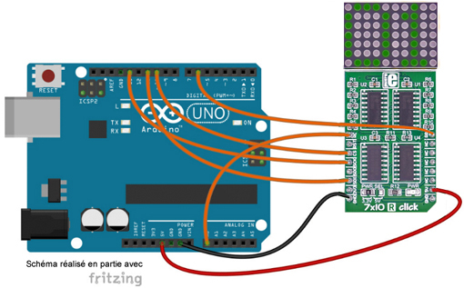 Schéma de câblage entre l'arduino et le Module 7x10 G click MIKROE-2705
