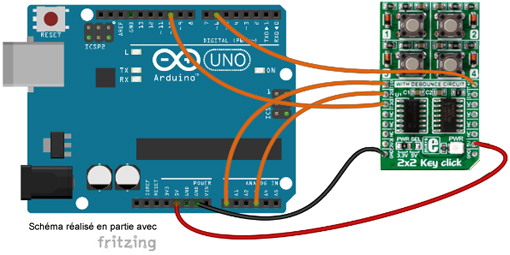 Schéma de câblage entre l'arduino et leModule 2x2 Key click MIKROE-2152