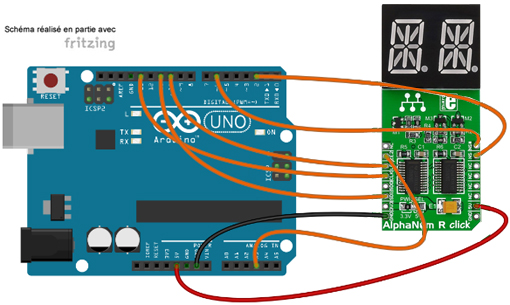 Schéma de câblage entre l'arduino et le Module AlphaNum G Click MIKROE-1851