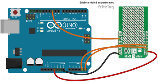 Schéma de câblage entre l'arduino et le Module matrice à leds 16x9 G click MIKROE-2520