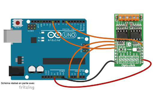 Schéma de câblage entre l'arduino et le module Click Board pour Module OPTO Click Board MIKROE-1196
